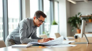 A professional in a modern office setting leaning over a desk, reviewing notes and sketches with a focused expression, natural daylight from windows, showing active learning and planning