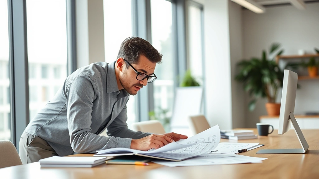 A professional in a modern office setting leaning over a desk, reviewing notes and sketches with a focused expression, natural daylight from windows, showing active learning and planning
