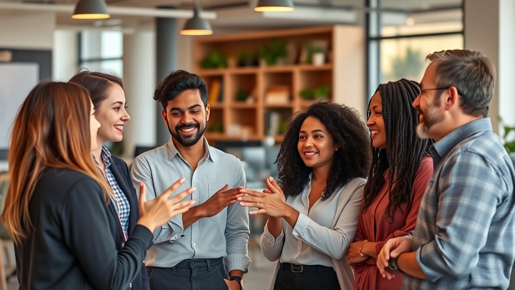 A diverse group of professionals in a collaborative workspace having a discussion, one person explaining something to others with hand gestures, engaged expressions, warm lighting suggesting mentorship