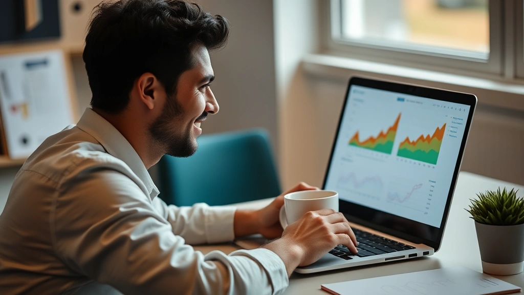 A person sitting at a desk with a coffee cup, looking at metrics or progress charts on a laptop screen, slight smile of satisfaction, representing progress tracking and achievement