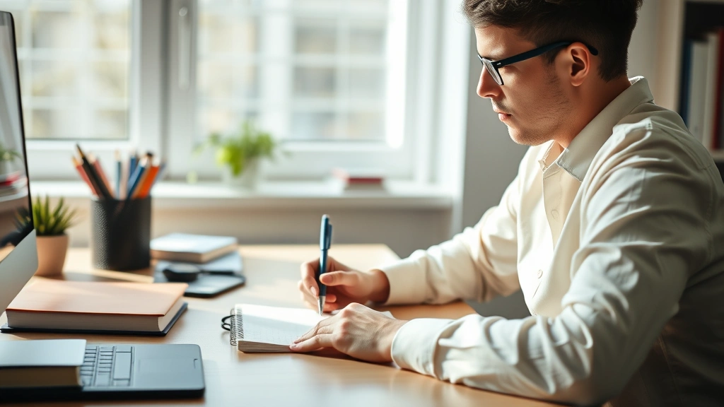 Person sitting at desk with notebook and pen, deeply focused on learning task, natural light from window, professional workspace, genuine concentration