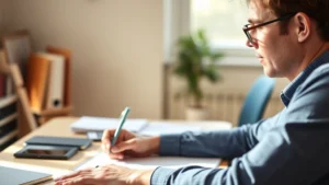 Person focused at desk with notebook and pen, warm natural lighting, concentrated expression learning something new, professional growth setting