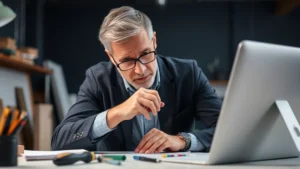 Professional adult focused intently on a task at a desk with notes and tools, showing concentration and determination during skill practice