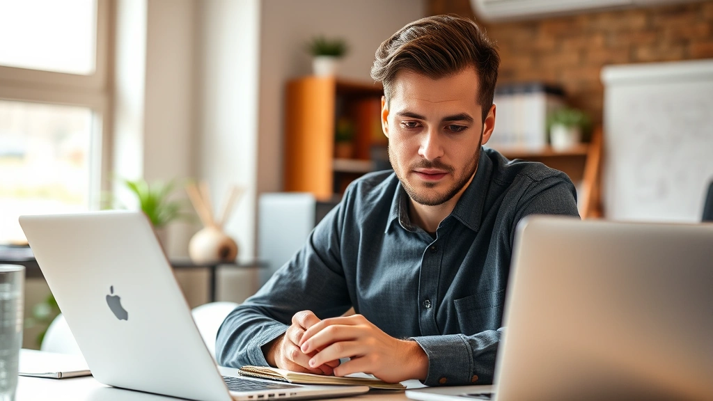 Professional adult focused on learning, sitting at desk with notebook and laptop, concentrated expression, natural lighting, warm office environment, growth-focused atmosphere