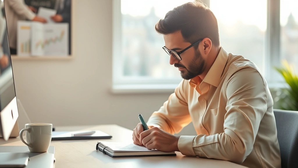 Person focused intently at desk with notebook and coffee, morning light through window, growth mindset expression, warm professional setting
