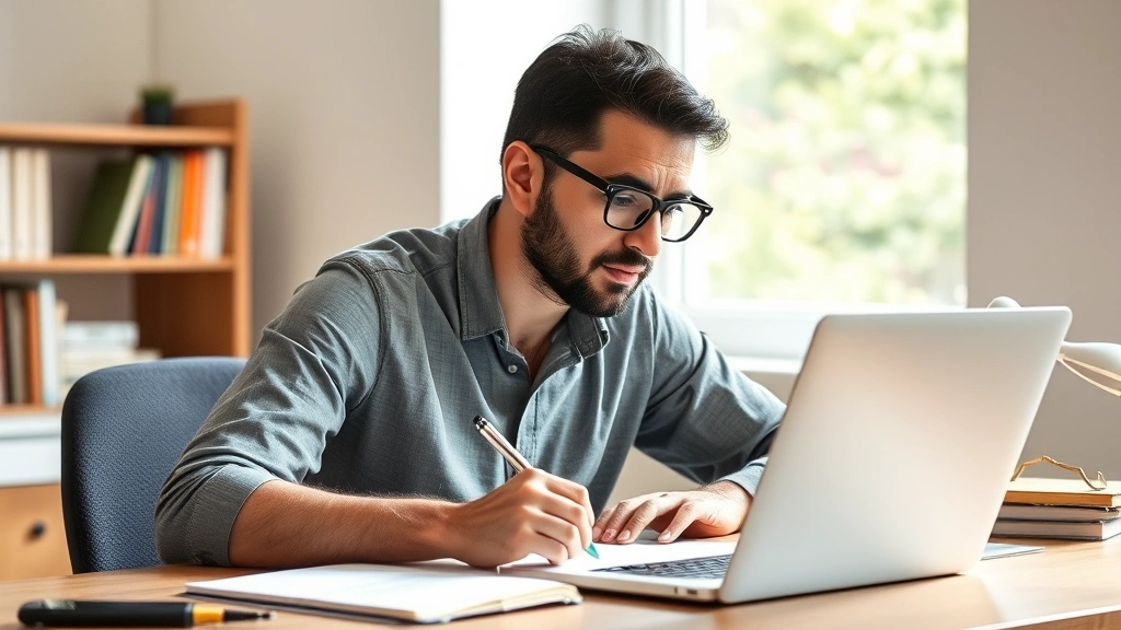 Adult professional studying intently at desk with notebook and laptop, natural morning light, focused expression, growth mindset body language