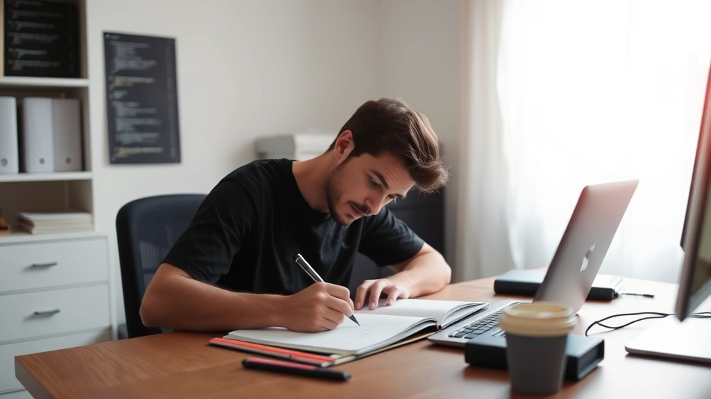 Person sitting at a desk, focused and writing or coding, morning light through a window, notebook and coffee nearby, showing concentration and daily practice habits