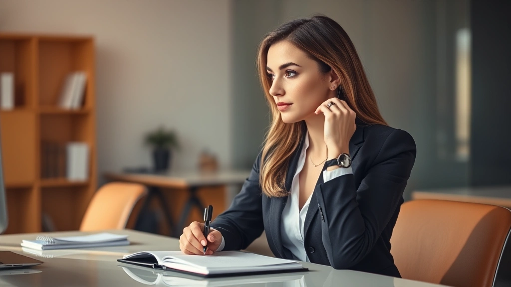 Professional woman sitting at desk looking thoughtful, notebook and pen in front of her, warm natural lighting, reflective expression, modern workspace