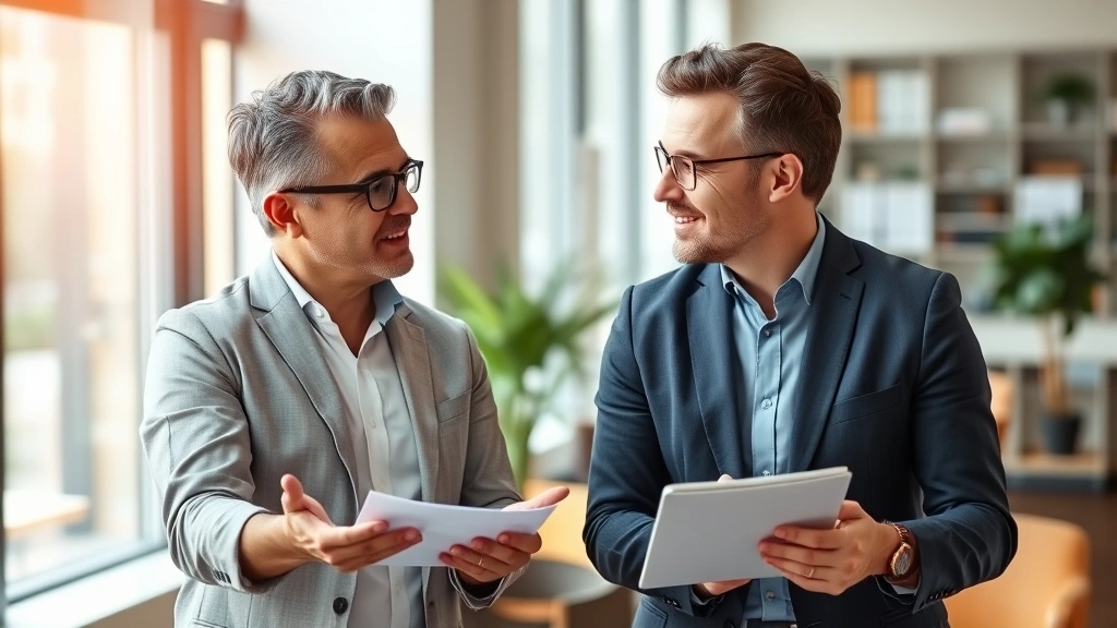 Two professionals having collaborative discussion, one explaining concept with hand gestures, warm office environment, authentic interaction, growth mindset moment
