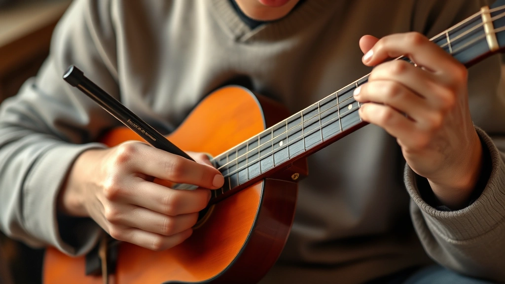 Person practicing a skill with determination, hands actively engaged in work (musical instrument, writing, or hands-on task), mid-practice moment showing concentration and effort