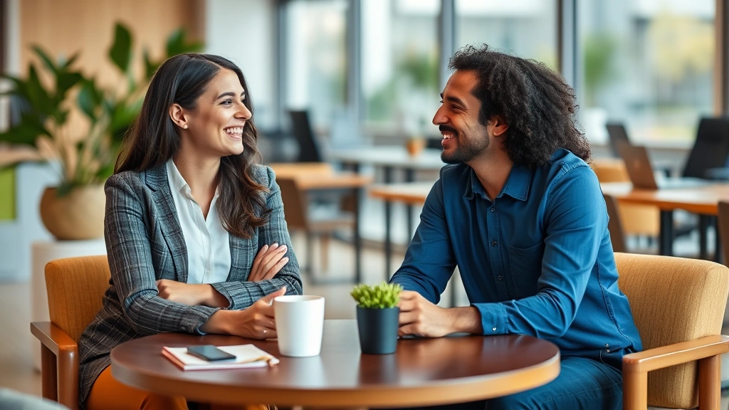 Two colleagues having a supportive conversation at a coffee table, genuine smiles, relaxed body language, natural office setting, collaborative atmosphere