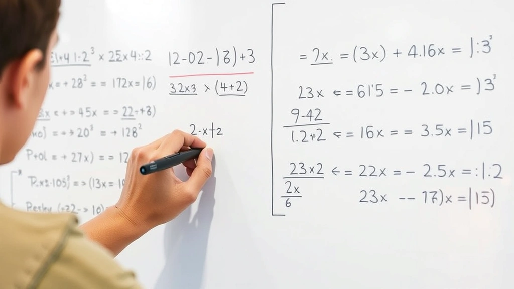 Person practicing at a whiteboard solving problems, writing equations, showing active problem-solving engagement with determination