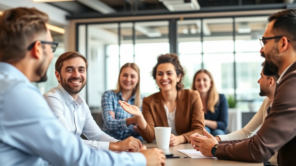 Diverse group in collaborative meeting, people engaged and confident, one person speaking with hand gesture, modern office setting, positive energy
