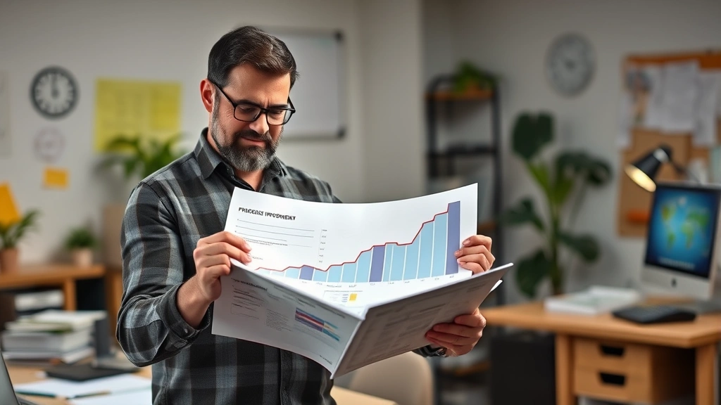 Someone reviewing progress chart or notes, reflecting on improvement, satisfied but determined expression, growth trajectory visible in workspace