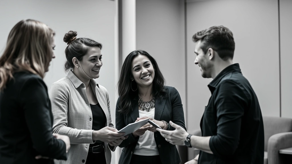 Team or mentor providing feedback to learner, supportive collaborative moment, positive energy, both parties engaged in discussion about improvement and progress