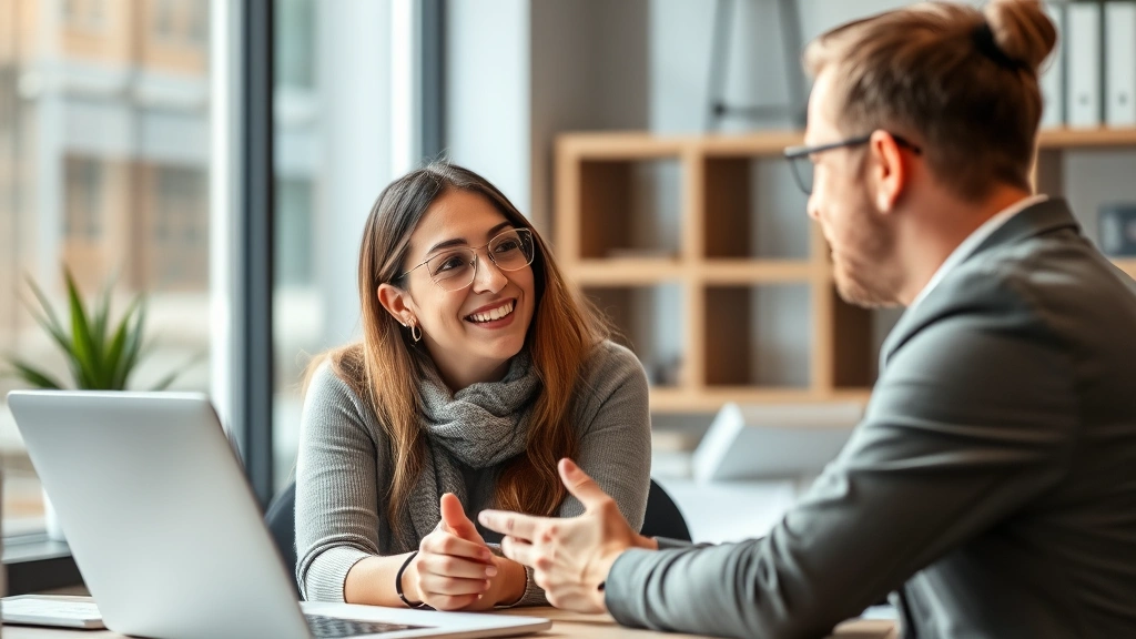Mentor or coach providing feedback to learner, collaborative moment of growth, both engaged and positive energy, realistic professional setting