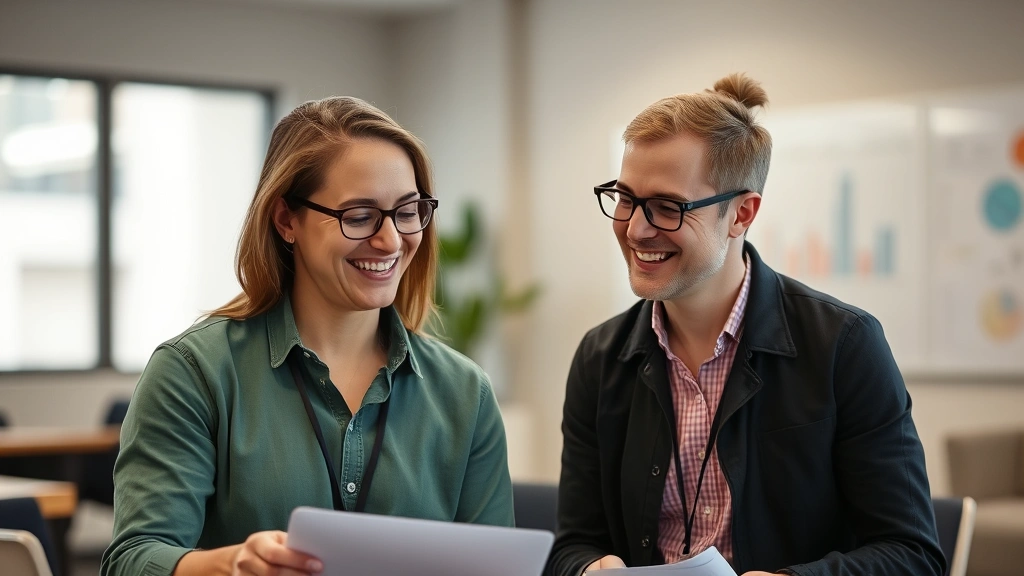 Adult learner smiling while receiving feedback from a mentor or coach, pointing at work together, collaborative learning environment, genuine encouragement visible