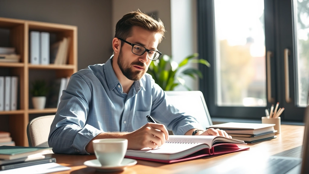 Professional adult in focused concentration at desk with notebook and coffee, morning sunlight, calm determined expression, learning in action