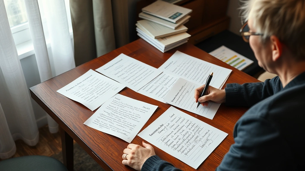 Person reviewing handwritten notes and previous work samples spread on table, seeing visible improvement over time, satisfied expression, growth evidence