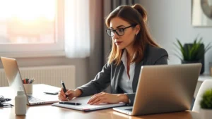 Professional woman at desk with notebook and laptop, looking focused and engaged, morning sunlight, growth mindset expression