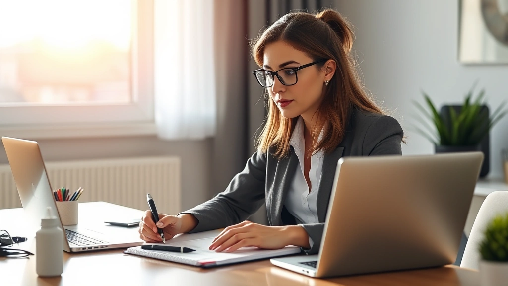 Professional woman at desk with notebook and laptop, looking focused and engaged, morning sunlight, growth mindset expression