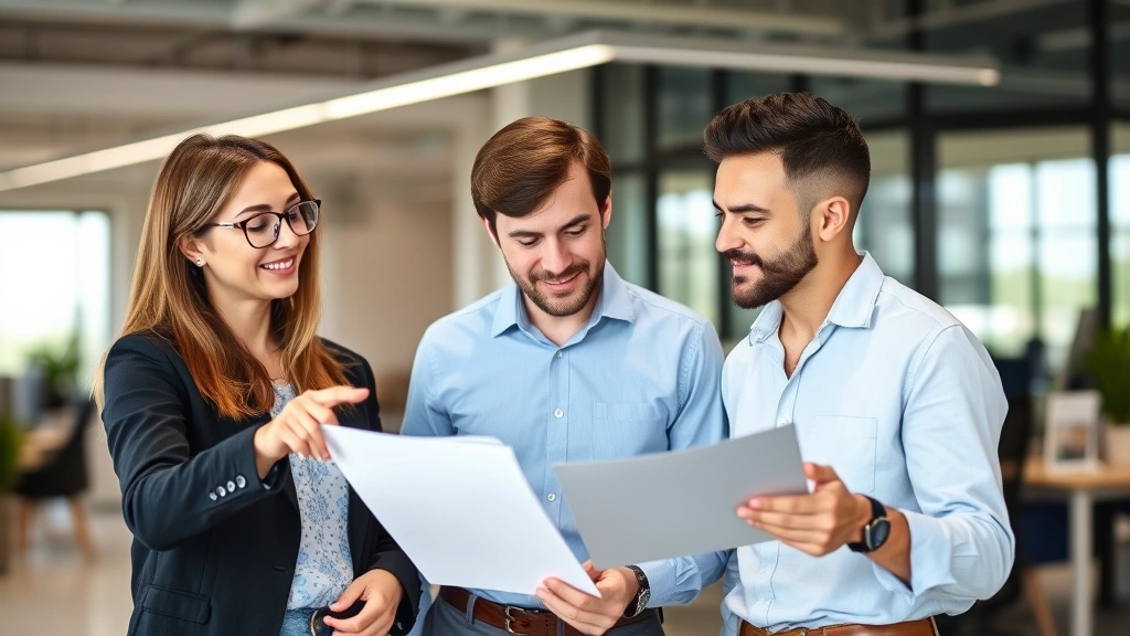Two colleagues in casual meeting reviewing work together, one pointing at document, genuine feedback moment, modern office setting