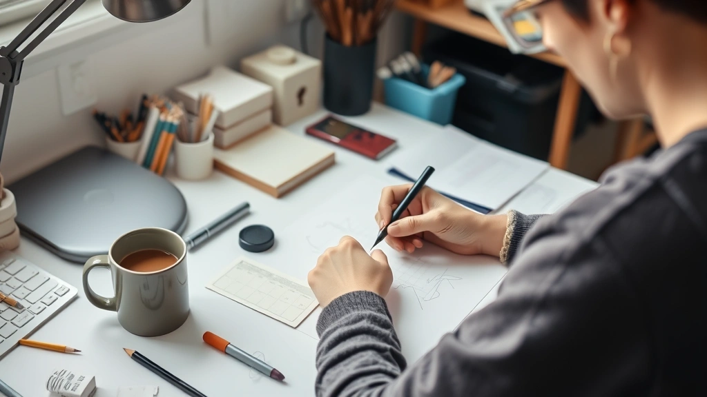 Person practicing skill at desk with dedicated workspace, coffee cup, organized materials, concentrated expression, productive environment