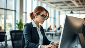 Professional woman in modern office setting, intently focused on computer screen, surrounded by natural light from windows, professional casual attire, collaborative workspace visible in background