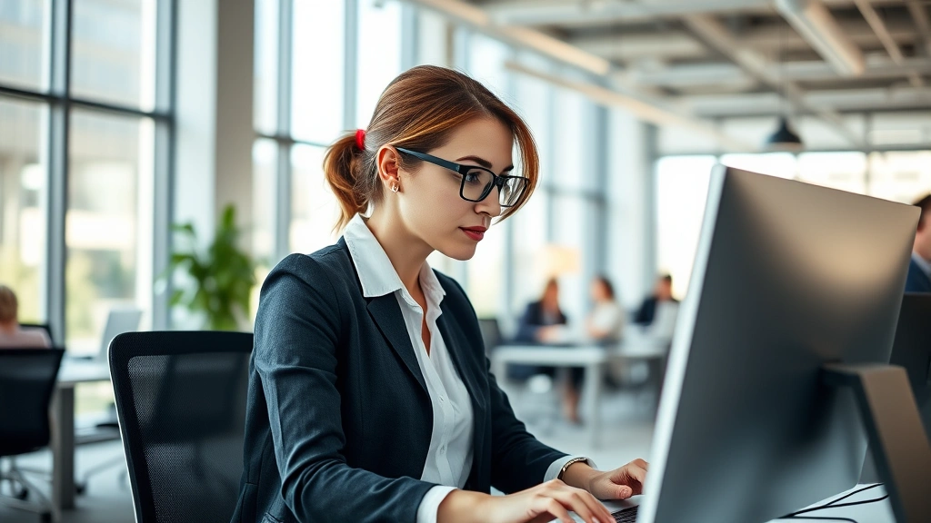 Professional woman in modern office setting, intently focused on computer screen, surrounded by natural light from windows, professional casual attire, collaborative workspace visible in background