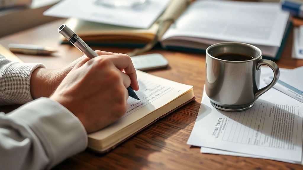 Close-up of hands writing notes in a notebook with a cup of coffee nearby, natural daylight, focused learning environment, papers and materials spread on wooden desk