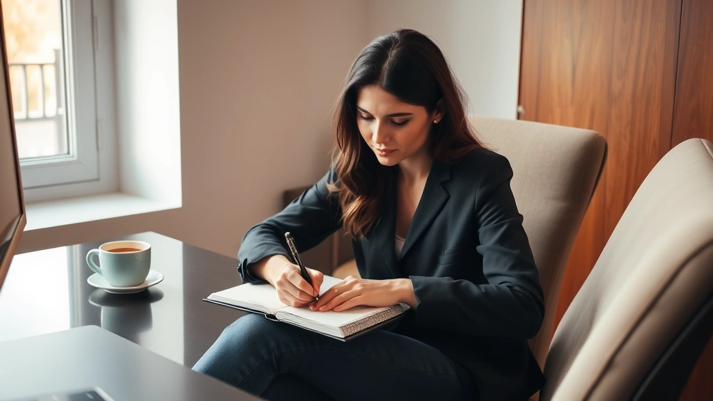 Person sitting at desk writing in notebook with coffee, focused and calm, natural lighting from window, warm tones, professional casual setting