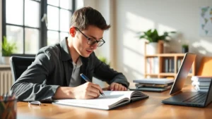 Person focused at desk with notebook and pen, natural lighting, professional yet relaxed atmosphere, mid-learning concentration