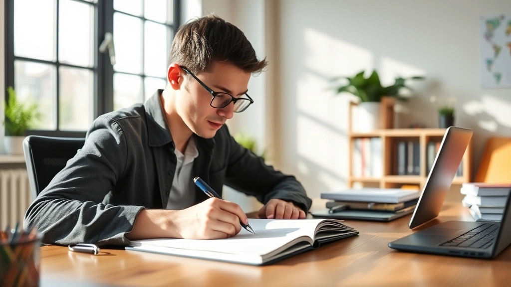 Person focused at desk with notebook and pen, natural lighting, professional yet relaxed atmosphere, mid-learning concentration