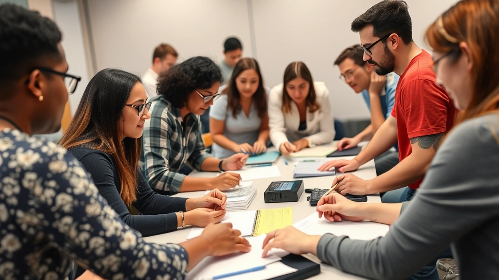 Diverse group in collaborative workshop setting, engaged in hands-on learning activity, supportive environment with visible progress markers