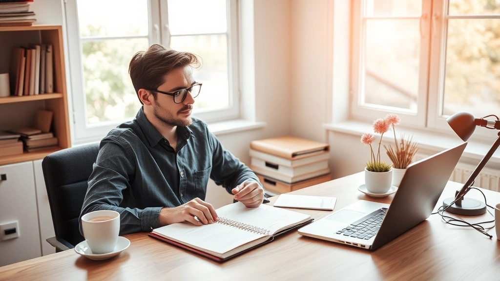 Person at desk with notebook, laptop, and coffee, focused expression, morning light through window, growth mindset visual