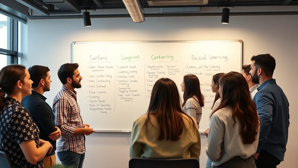 Group of diverse professionals in collaborative learning session, discussing ideas at whiteboard, engaged and supportive atmosphere