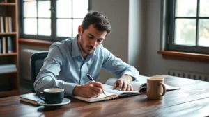 Professional adult focused on learning at wooden desk with notebook, pen, and coffee cup, morning light from window, contemplative expression