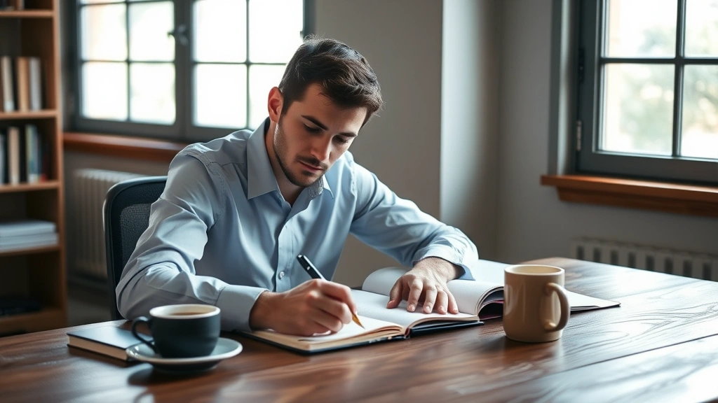 Professional adult focused on learning at wooden desk with notebook, pen, and coffee cup, morning light from window, contemplative expression