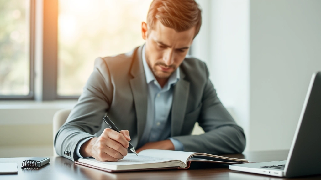 Person focused intently at a desk with notebook and pen, showing concentration and deliberate practice, natural lighting, professional setting