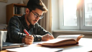 A person focused intently at a desk with books and notebook, morning sunlight streaming through window, showing deep concentration and engagement in learning