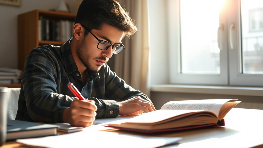 A person focused intently at a desk with books and notebook, morning sunlight streaming through window, showing deep concentration and engagement in learning