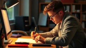 A focused person practicing a skill at a desk with concentration and determination, warm lighting, showing active learning in progress