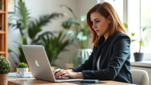 Professional woman mid-30s working intently at laptop, focused expression, warm office lighting with plants in background, growth chart subtly visible on desk