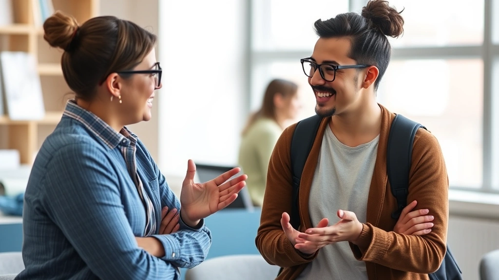 Someone receiving constructive feedback from a mentor or peer, both engaged in conversation with positive body language, collaborative learning environment