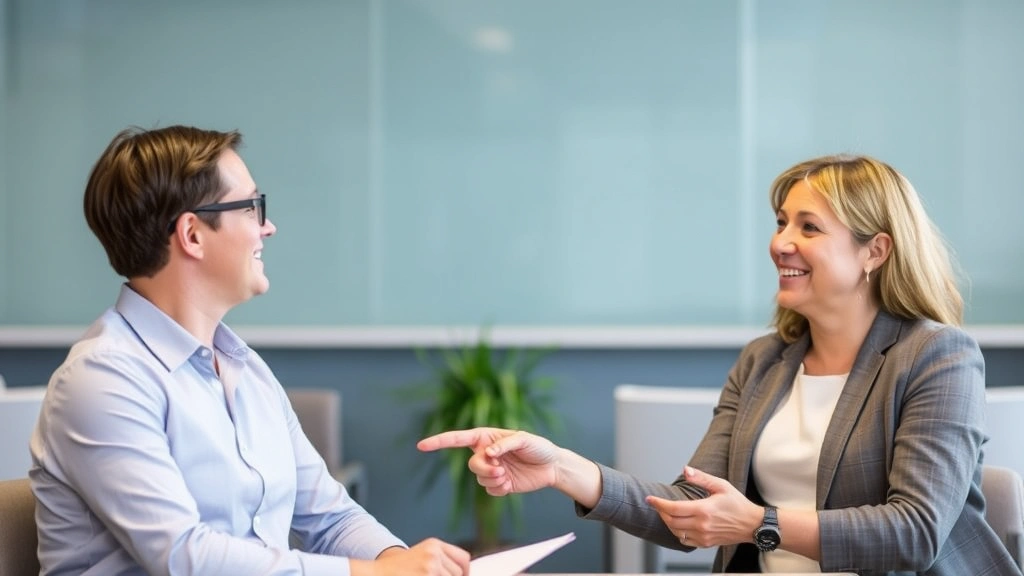 Someone receiving constructive feedback in a collaborative setting, mentor pointing to work with encouraging expression, both smiling, professional environment