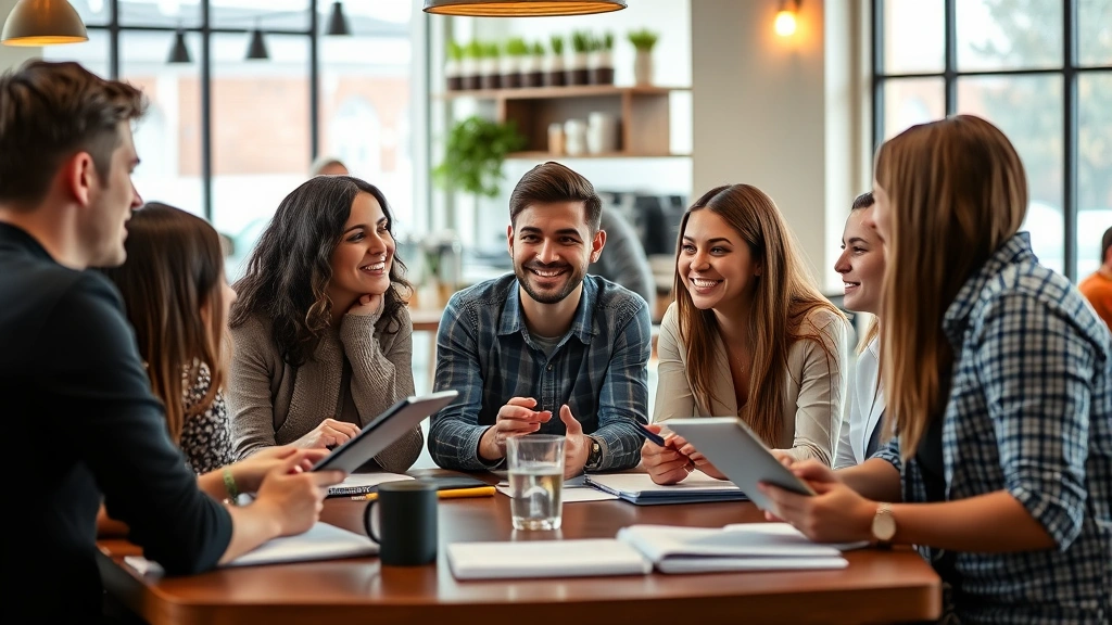 Diverse group of young professionals in casual discussion at coffee shop, engaged and smiling, notebooks and laptops visible, collaborative learning energy