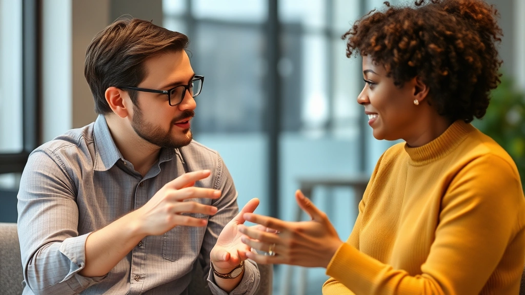 Two people engaged in constructive feedback conversation, one explaining something to the other with open body language and attentive listening
