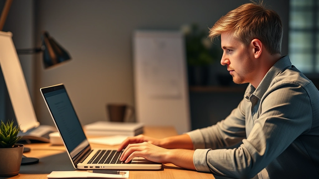 Person at desk focused on laptop, notebook open, warm lighting, professional setting, growth mindset expression, natural workspace