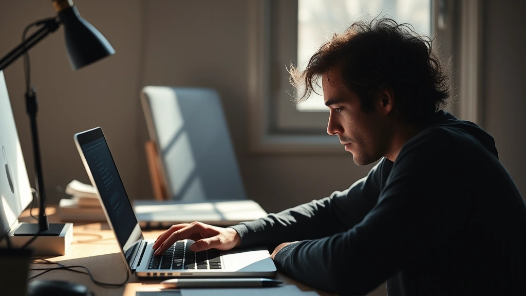 Person deeply focused on laptop during an intense practice session, natural daylight streaming through window, minimalist desk setup, growth and concentration evident