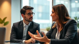 Two professionals in a meeting, one leaning forward attentively with focused eye contact while the other speaks, warm office lighting, genuine engagement visible in body language